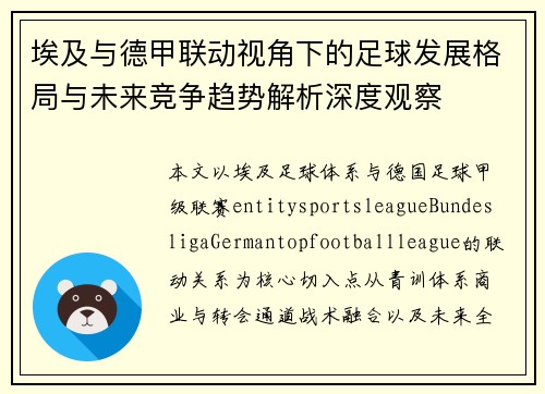 埃及与德甲联动视角下的足球发展格局与未来竞争趋势解析深度观察